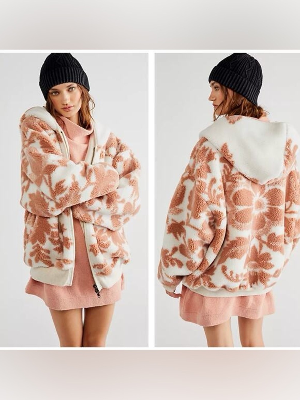 Free People Canyon Moon Cardi Coat Faux Fur Hooded Oversize Zip Ivory Tan Small
